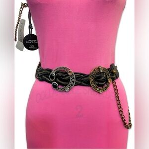 NWT Genuine leather Braided picadilly slouch black belt Brass silver s/m vintage